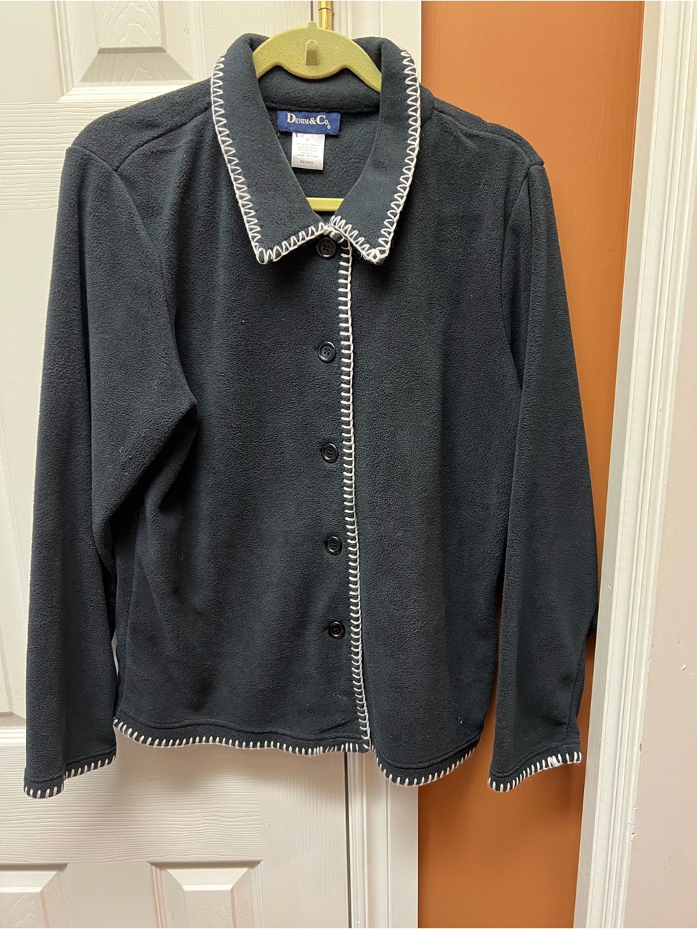 Denim&Co Black Fleece Jacket with White Embroidered Detail